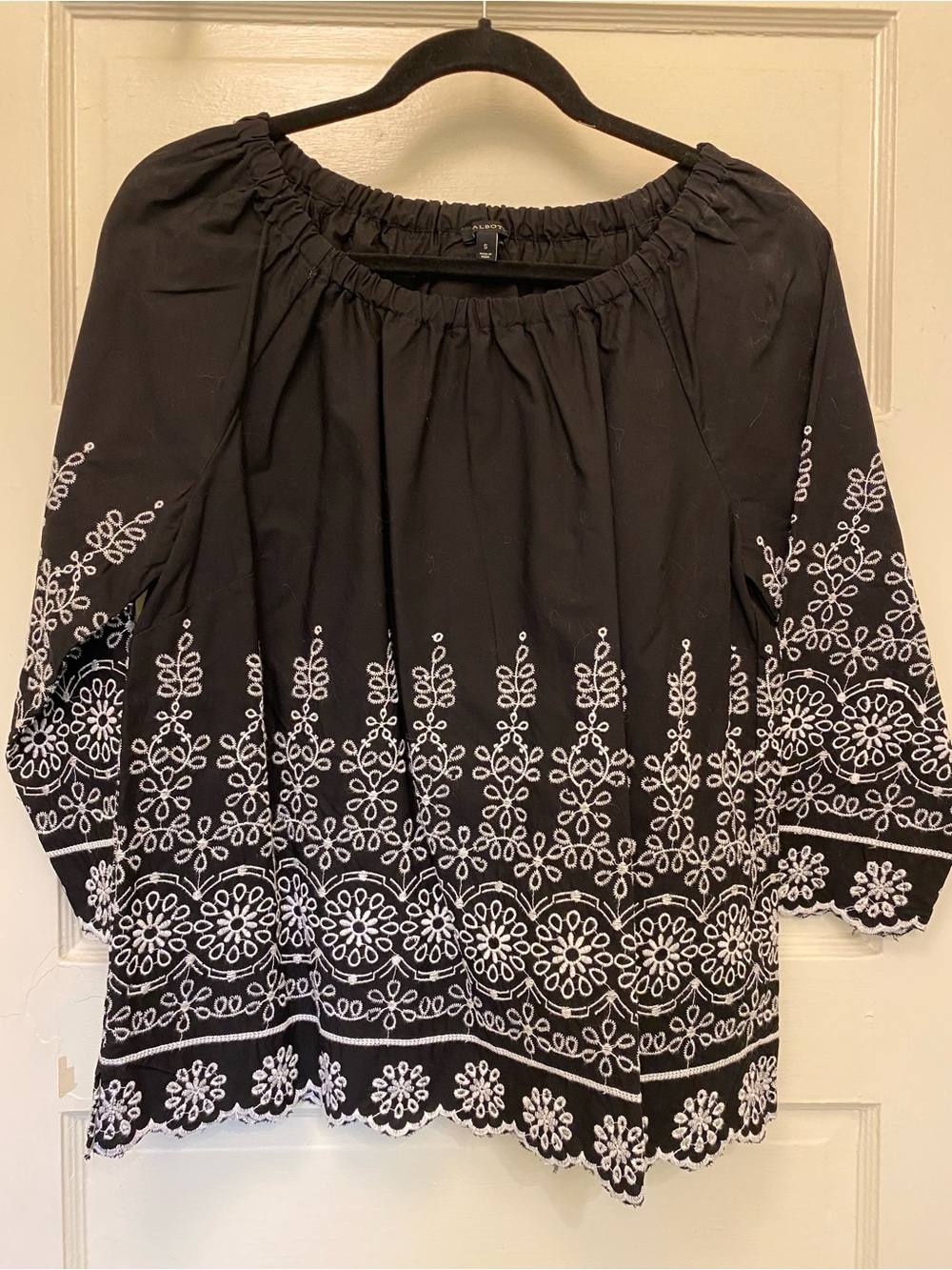 Talbots Black Peasant Top with White Embroidery Size S